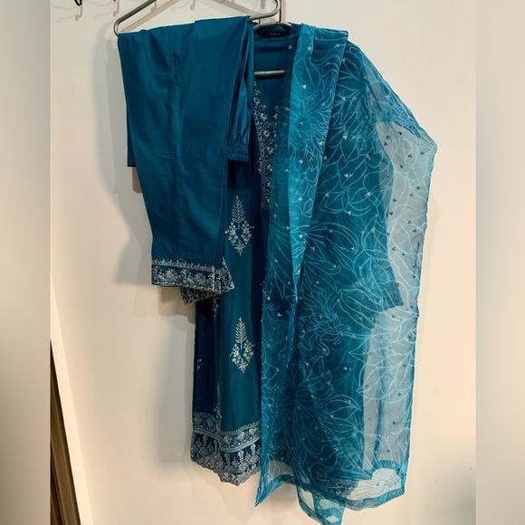 M. BASICS By MARIA. B. Elegant Teal Embroidered Suit - Picture 5 of 16